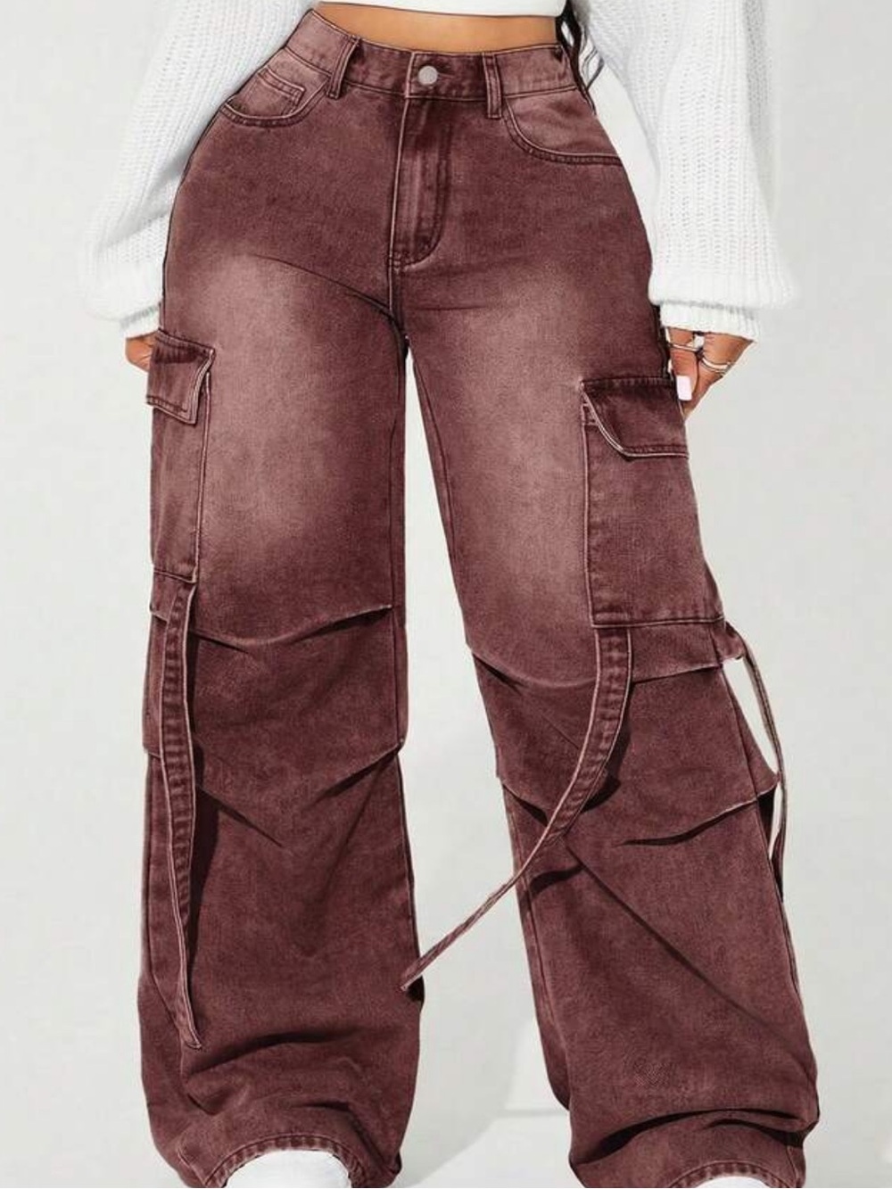Women's Wide-Leg Cargo Jeans in Brown - Stylish High-Waist Fit
